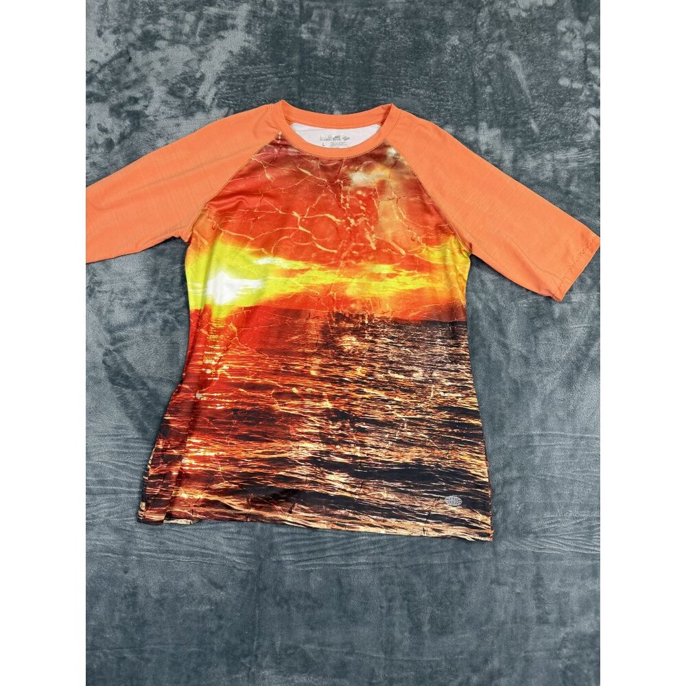 Reel Legends Womens T-Shirt Size L Sunset Print Raglan Sleeve